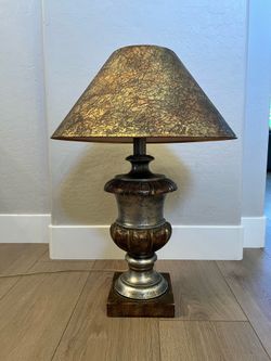 29” Tall Vintage 19th Century Italian Gilt Table Lamp w/ Textured Metallic Gold Empire Lamp Shade
