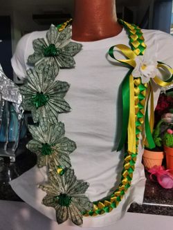 Graduation Lei green and yellow money flowers decor and green 🐸 s