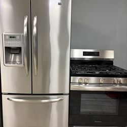 Maytag french door refrigerator &  Frigidaire 5 burner gas range combo stainless steel