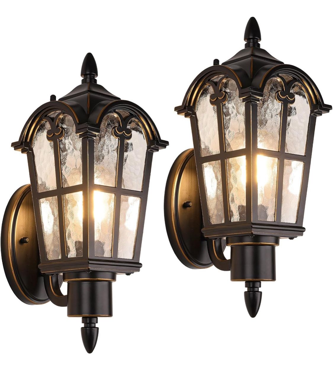 Outdoor Wall Light Fixtures, Black & Gold Exterior Waterproof Porch Lights, Vintage Outside Wall Sconces with Water Ripple Glass for House Front Door