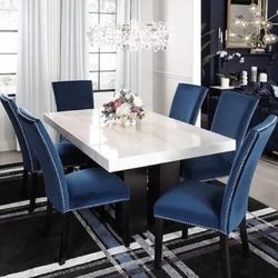Black/Blue Square Marble Top Dining Room Set, Table And Chairs 