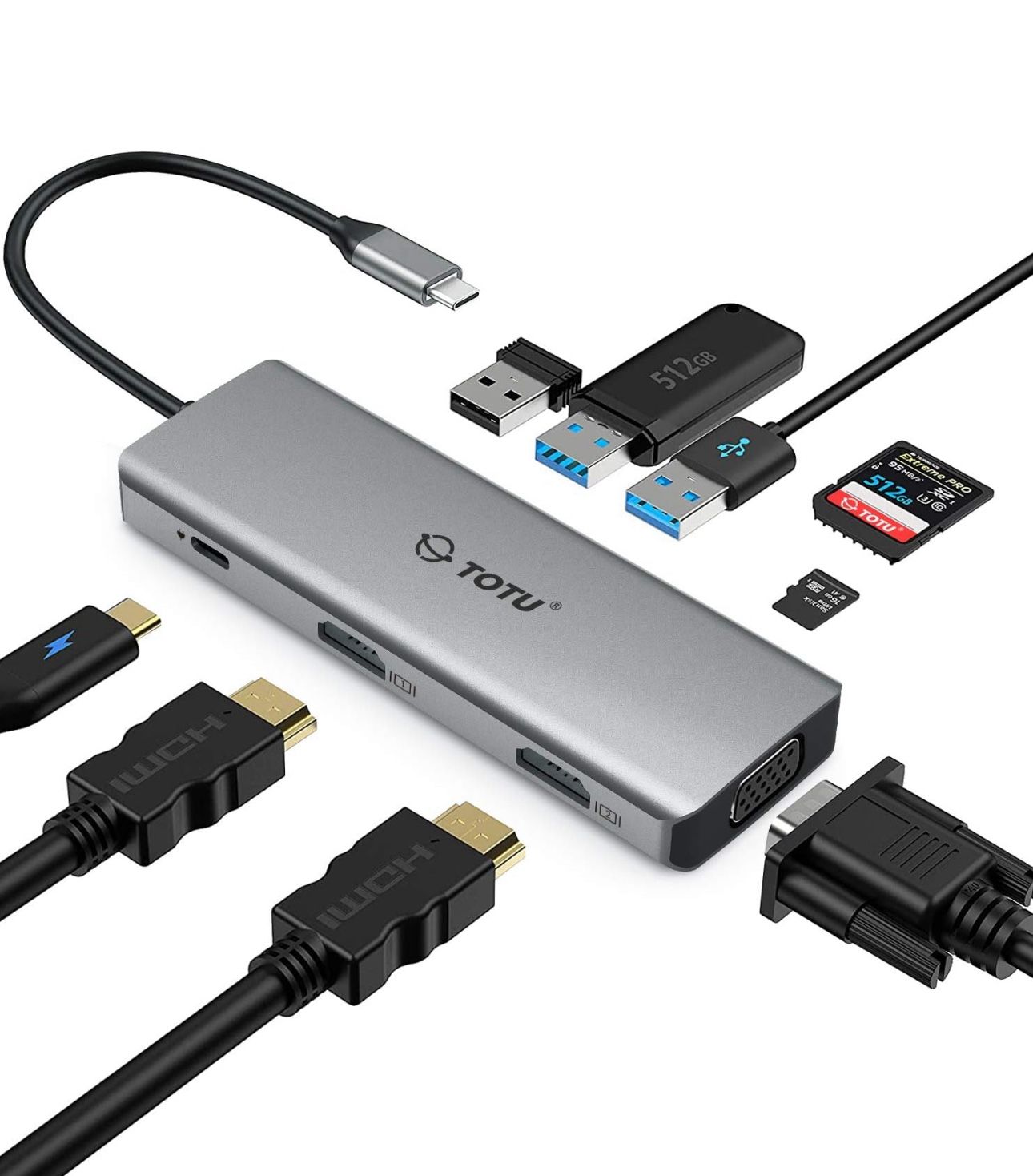 TOTU Docking Station, USB C Hub, 9 in 1 Triple Display Docking Station with Collage Display Mode, Dual 4K HDMI, VGA, 100W PD, 3 USB 3.0 and TF/SD Card