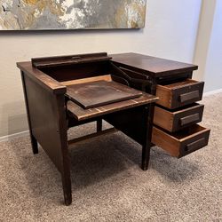 Vintage Solid Wood Hidden Typewriter Desk With 3 Dovetail Storage Drawers And  Writing Board