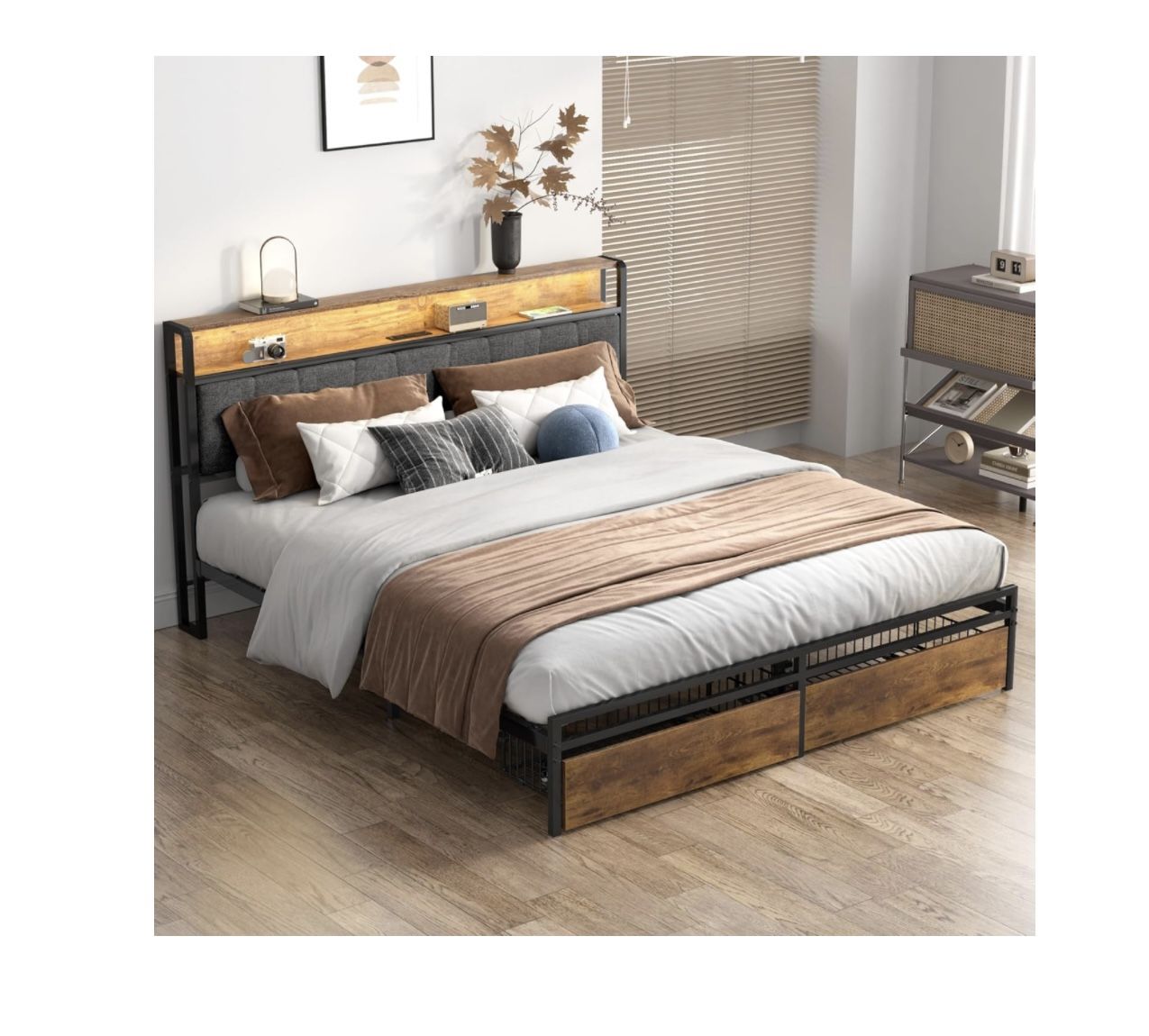 Queen Size Bed Frame with Upholstered Wingback Headboard, Heavy Duty Metal Bed Frame with 2 Storage Drawers, LED Light(6270 Queen)