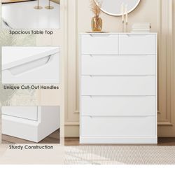 Modern 6 Drawer Dresser for Bedroom, Tall Chest of Drawers with Storage, Large Wood Storage Chest Organizer with Cut-Out Handle, Accent Storage Cabine