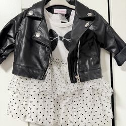 A.L.C. Black Faux Leather Jacket with White Bow Tie Shirt. 3-6M