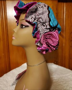 African print reversible hair bonnets with satin lined and face masks set