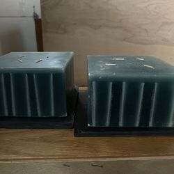 2 Matching Teal Candles With Black Slate Holder Plate