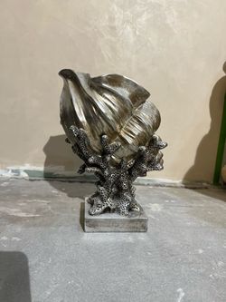 Silver Seashell on Coral Decorative Sculpture