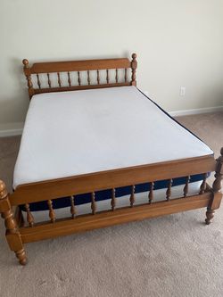 Full-size antique bedframe, mattress, and boxspring