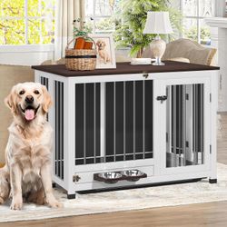 39.4" Collapsible Dog Crate Furniture - Indoor Wooden Kennel with 360° Rotating Feeder & Removable Tray | Sturdy End Table for Medium & Large Dogs | E