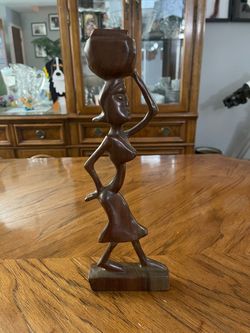 Hand-Carved African Style Wooden Woman Carrying Vessel on Head Sculpture