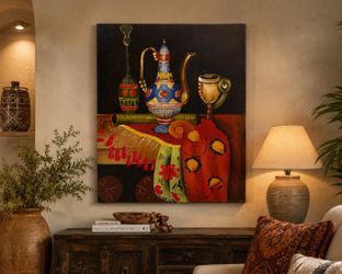 Colorful Hand-Painted Still Life Canvas Wall Art Moroccan Mediterranean Boho Decor 35x24
