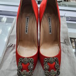 Manolo Blahnik Hangisi 105MM Red Satin Heels Size 38