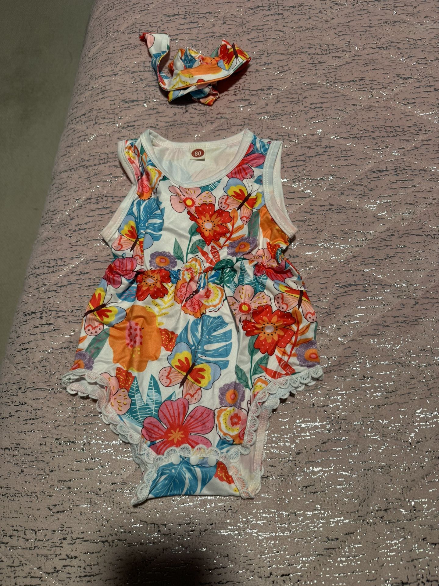 New Baby Girl Onesie Romper Bodysuit With Headband Colorful Butterfly