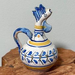 Collectible Handmade Painted Clay Blue And Yellow Chicken Pitcher Jug Pottery Home Kitchen Decoration Accent