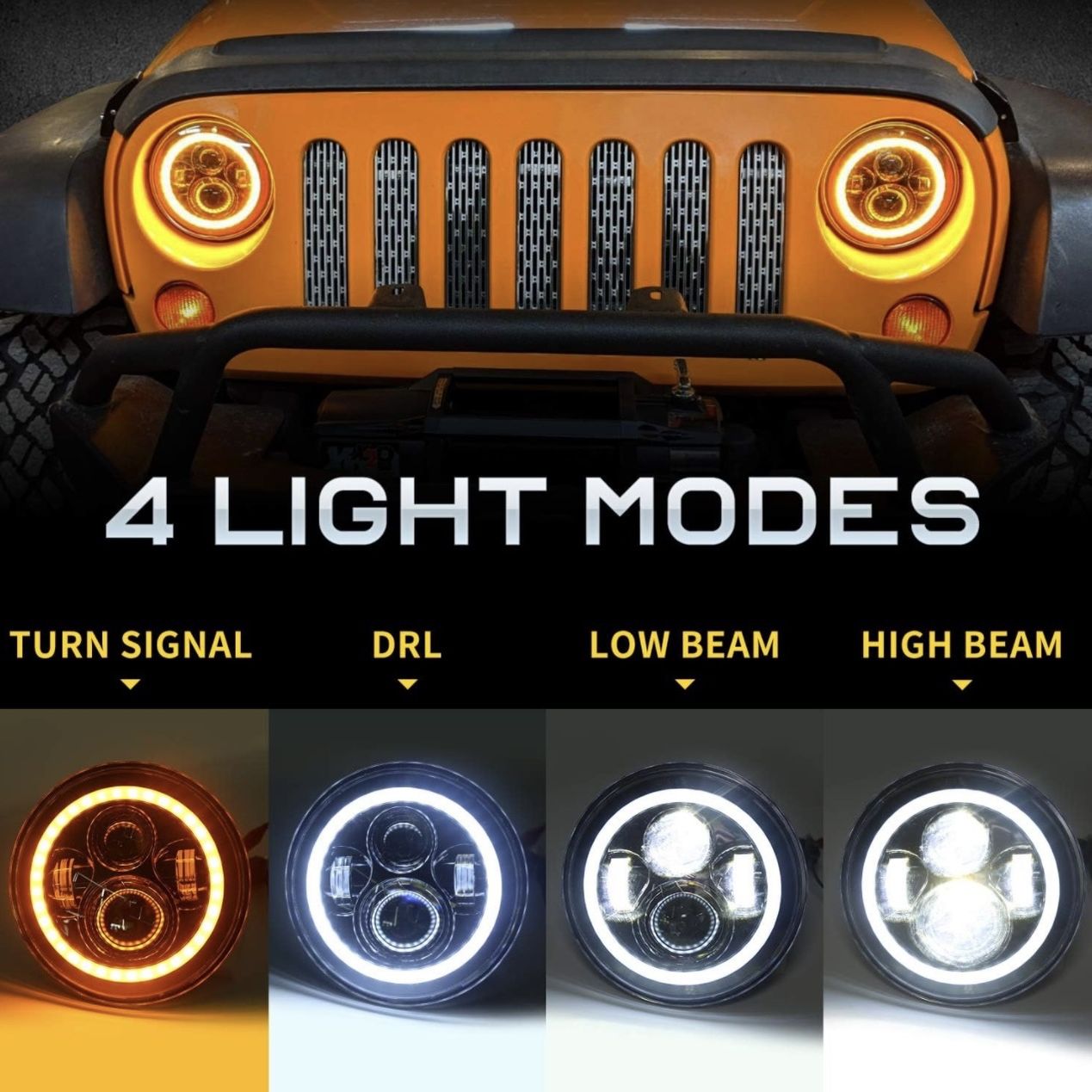 LX-LIGHT Dot Approved 7inch LED Headlights with White DRL/Amber Turn Signal + 4 inch LED Fog Lights with White DRL Halo Ring for Jeep Wrangler 97-2017