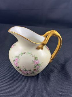 Antique T&V Limoges France Hand-Painted Creamer - Pink Rose Wreath, Artist Signed "Best" (Circa 1(contact info removed))