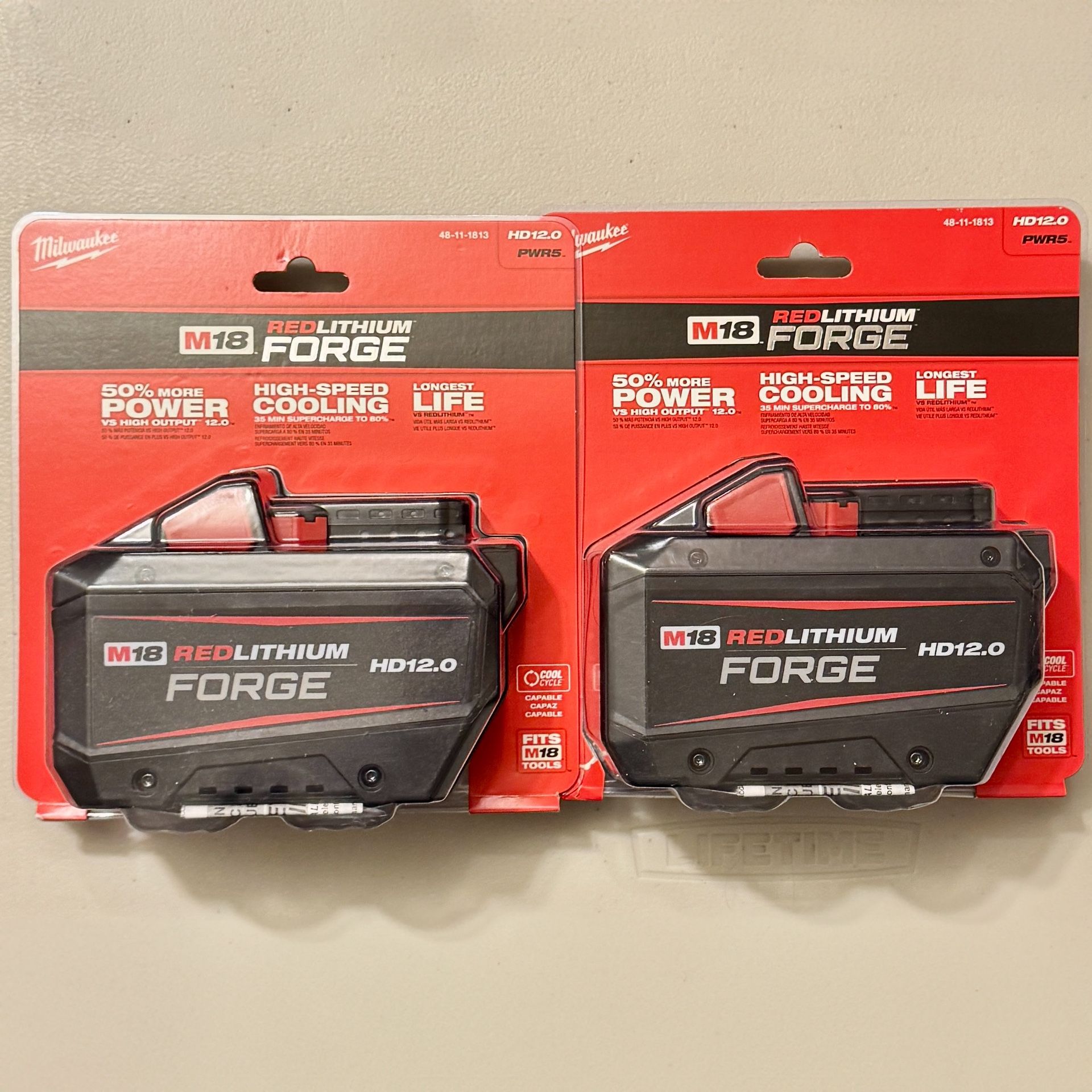 2x New Milwaukee M18 Forge 12.0 Ah HD 12.0Ah Battery (48-11-1813)