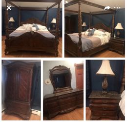 King size bed with canopy, armoire, 2 end tables, dresser & mirror... must pick up yourself. $2000 Negotiable