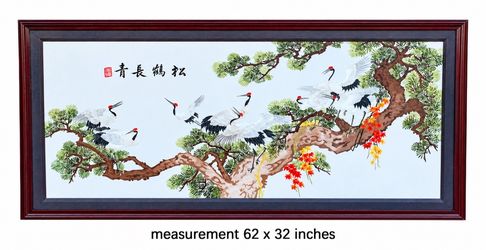 Large Framed Asian Crane & Pine Tree Wall Art