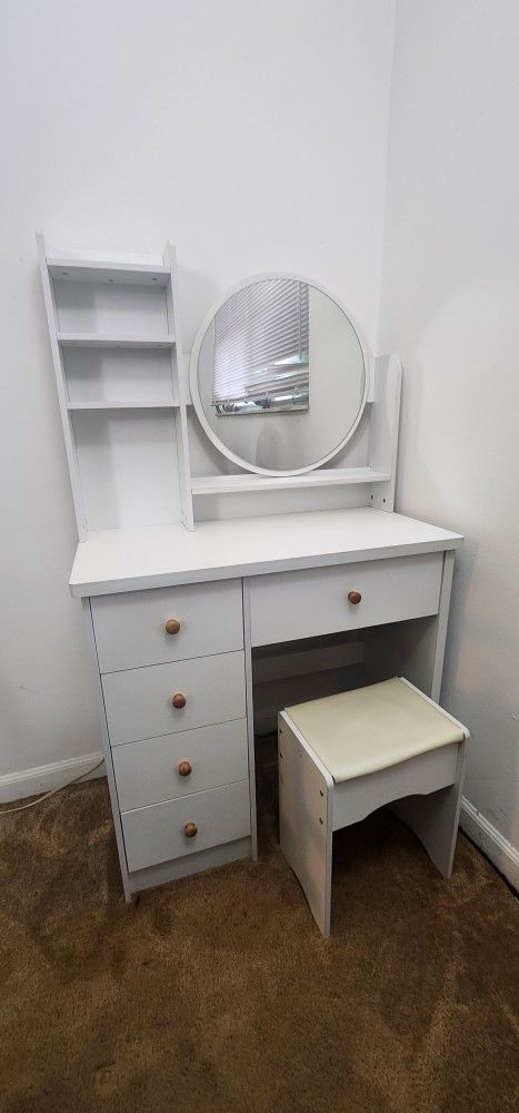 5-Drawers White Wood Makeup Vanity Set Dressing Desk W/ Stool, Round Mirror and Storage Shelves