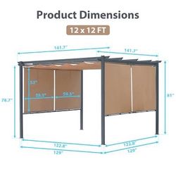 Metal Pergola 12-ft W x 12-ft L x 7-ft 3-in H Brown Metal Freestanding Pergola with Canopy