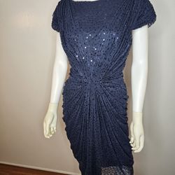 Tadashi Shoji Womens Navy Sequins Cinched Waist Cocktail Dress Size M Formal 