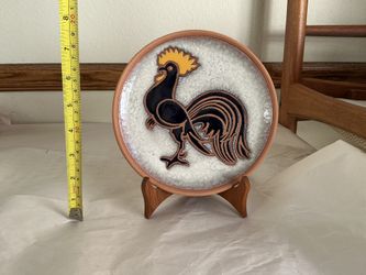 Bonis Pottery Rooster Terracotta Plate With Stand From Greece 7”