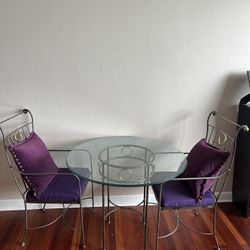 Dining Set Round Glass Table With Metal Purple Chairs 