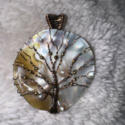 Vintage Mother of Pearl pendant with brass Tree of Life design