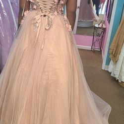 pink rose gold ball gown prom dress 
