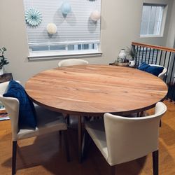 Crate and Barrel 60 in Round Dining Table And 4 Leather Chairs