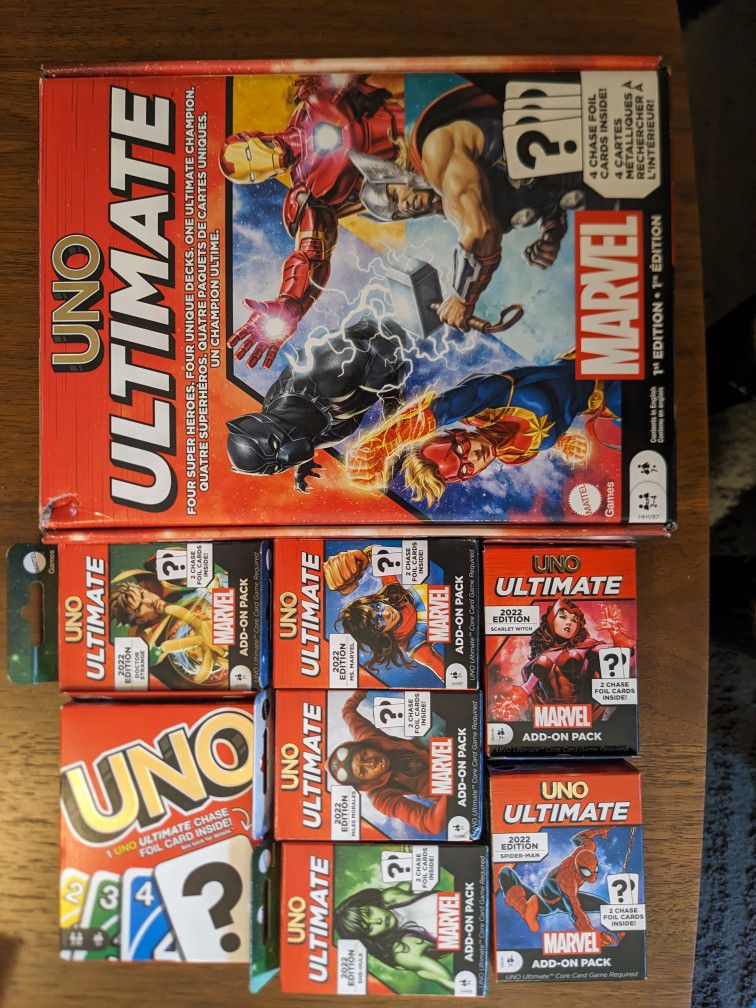 Uno Ultimate With 6 Marvel Addon Packs And 2 Decks Of Original Uno