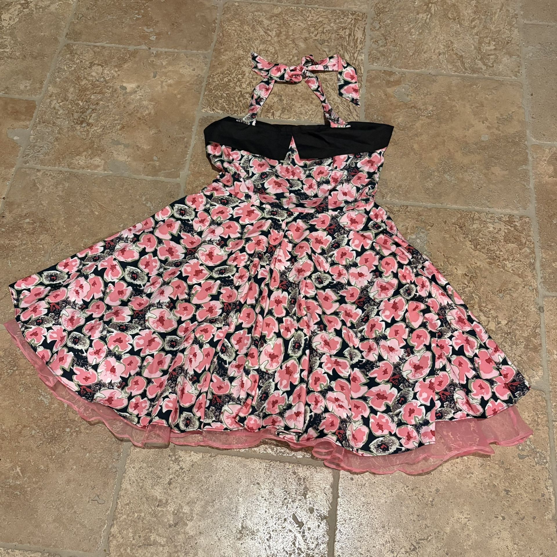 JERRY BECK Pink Black Floral Halter Pinup Retro Dress Size Large