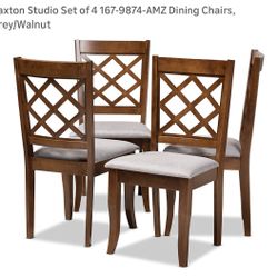 4 Baxton Studio Walnut Dining Chairs Grey Cushion Seat