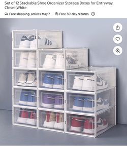Set of 12 Stackable Shoe Organizer Storage Boxes / White