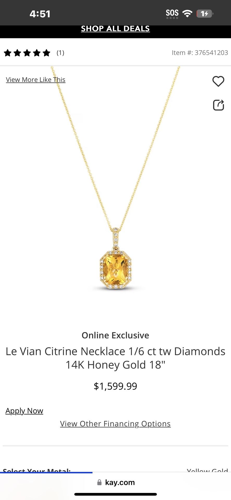 Kay Jewelers Le’Vain Citrine Necklace 1/6 ct tw Diamonds 14k Honey Gold 18” Comes With Thicker Chain Than The One In Photo