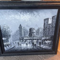 Black & White Paris Street Scene – Moulin Rouge Oil Painting