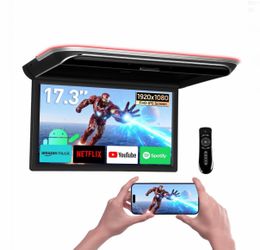 XTRONS 17.3" Screen Android 4K Car Overhead Player, Flip Down Roof Mount Monitor, Built-in Speaker, WiFi, Bluetooth