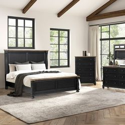 Brand New Black & Rustic Oak 4pc Queen Bedroom Set 