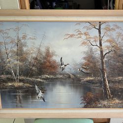 Oil Painting - Ducks Flying Over Lake - Signed - 41” L X 29” H