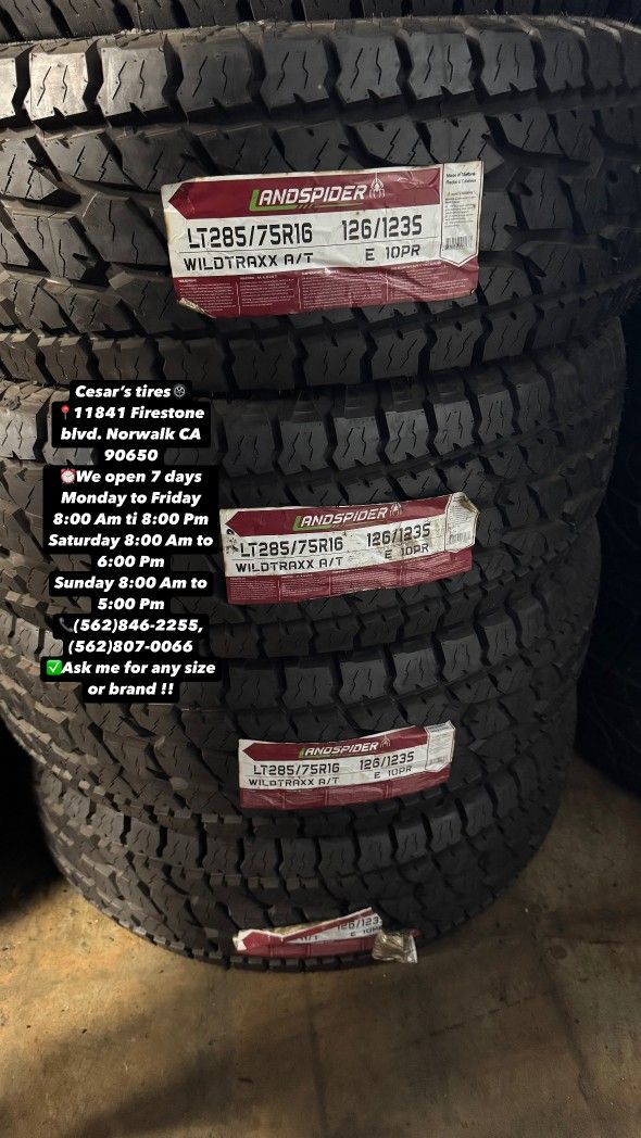 LT285/75R16 LANDSPIDER AT A SET OF FOUR NEW TIRES, INCLUDES MOUNTING AND BALANCING WITH WARRANTY, ASK ME FOR ANY SIZE OR BRAND, WE HAVE THE BEST PRIC