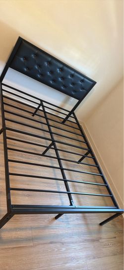 Black Metal Bed Frame with Tufted Headboard