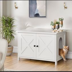 White Wood Cat Litter Box Enclosure Cabinet