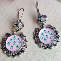 Brass Elegant Drop Earrings Pink Green Handpainted Wedding Desi Indian