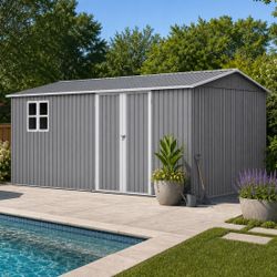 14x10 FT Outdoor Storage Shed, 780 cu.ft Large Metal Tool Shed with Built-in Foundation Frame, Double Doors & Air Vents, Galvanized Steel Sloped Roof 