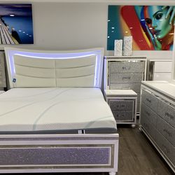 Elegant Bedroom Furniture Set with LED Lights and Studded Exterior Decorations