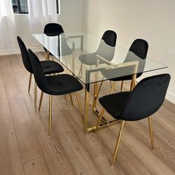 Black And Gold Modern Glass Dining Set For 6