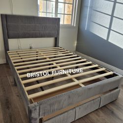 💝 Bed Queen Frame, Dark Gray Color, Corduroy Fabric, Wood, New in the Box.